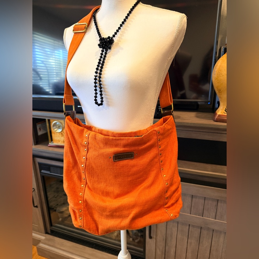 Fossil Orange Canvas Studded Shoulder Bag